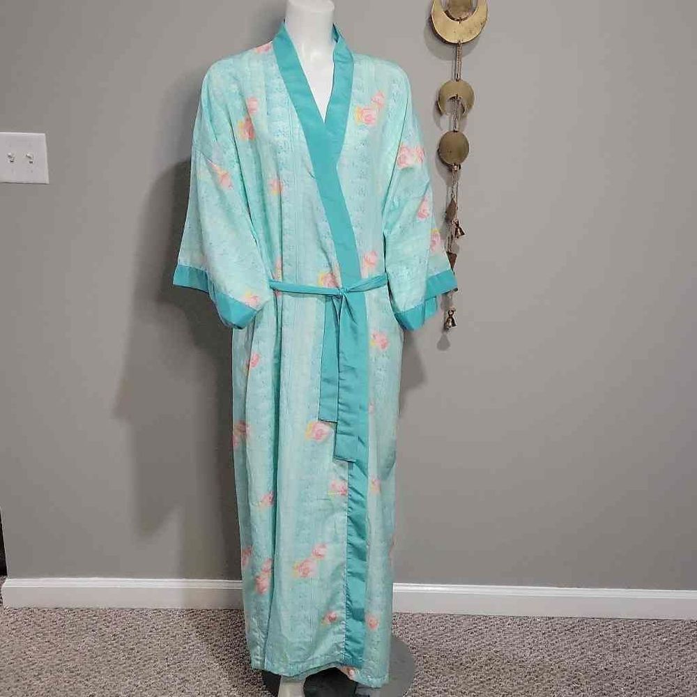 Contessa Di Roma Vintage Tiffany Blue w Pink Roses Tie Front House Robe Size XL